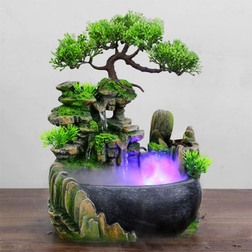 Wealth Office Tabletop Ornament Desktop Waterfall Fountain with Color Changing LED Lights Spray