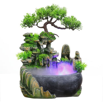 Wealth Office Tabletop Ornament Desktop Waterfall Fountain with Color Changing LED Lights Spray